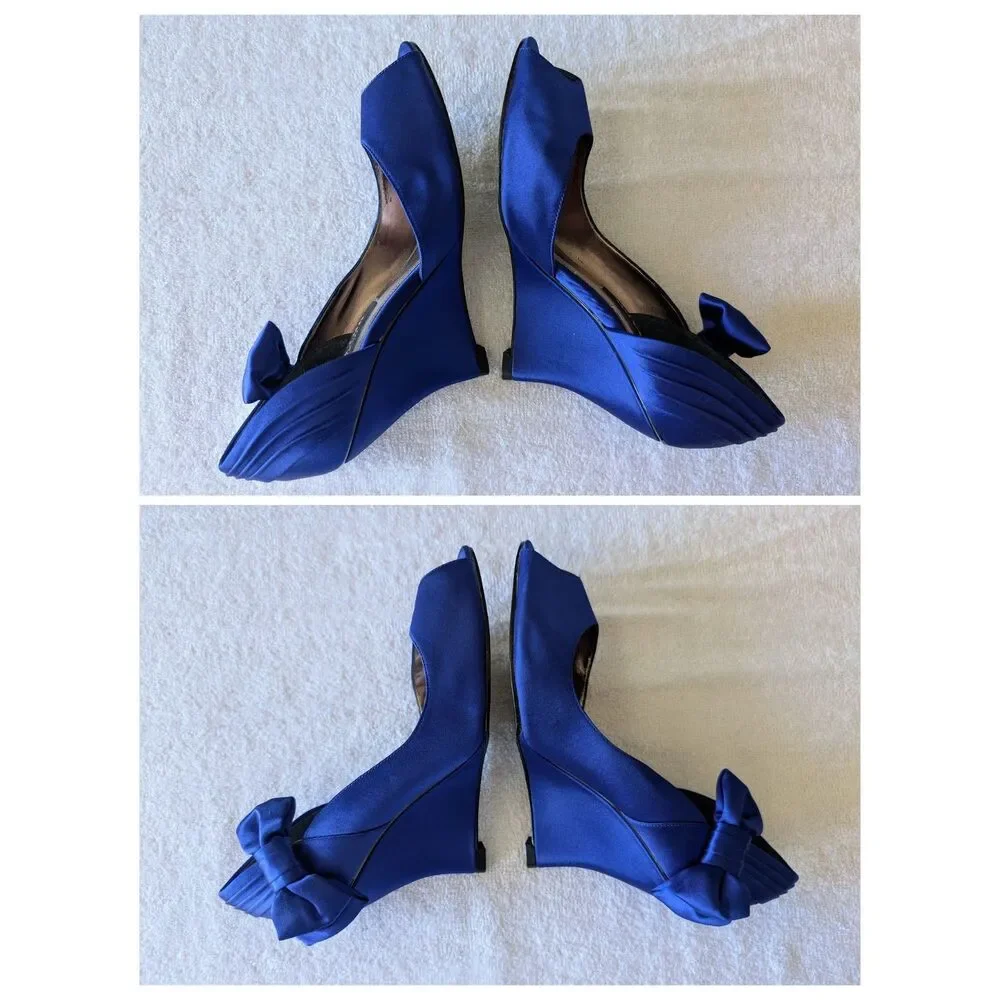 Nina New York Blue Satin Peep Toe Wedge Heels Bow Women’s 7M Formal